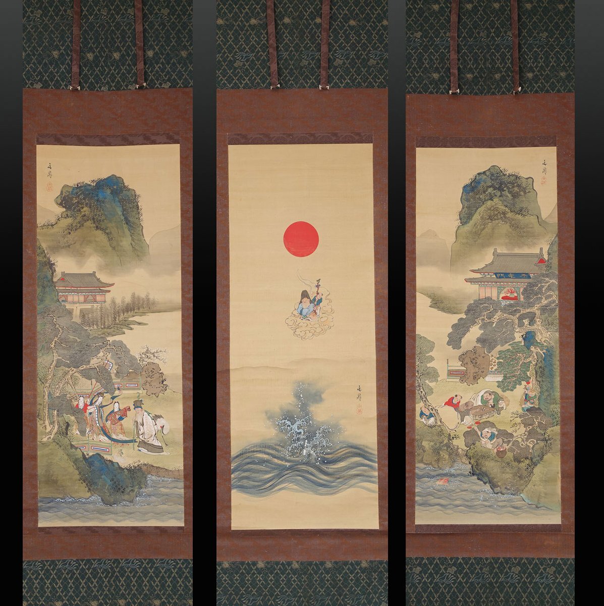 蔵出品 蔵壷◇『谷文晁 山水七福神図』 【模写】 三幅対 古筆 古文書