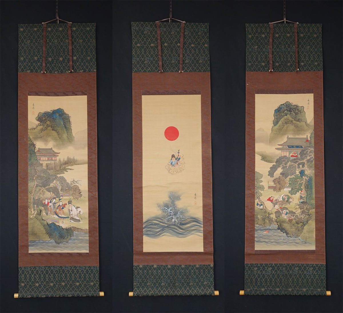 蔵出品 蔵壷◇『谷文晁 山水七福神図』 【模写】 三幅対 古筆 古文書