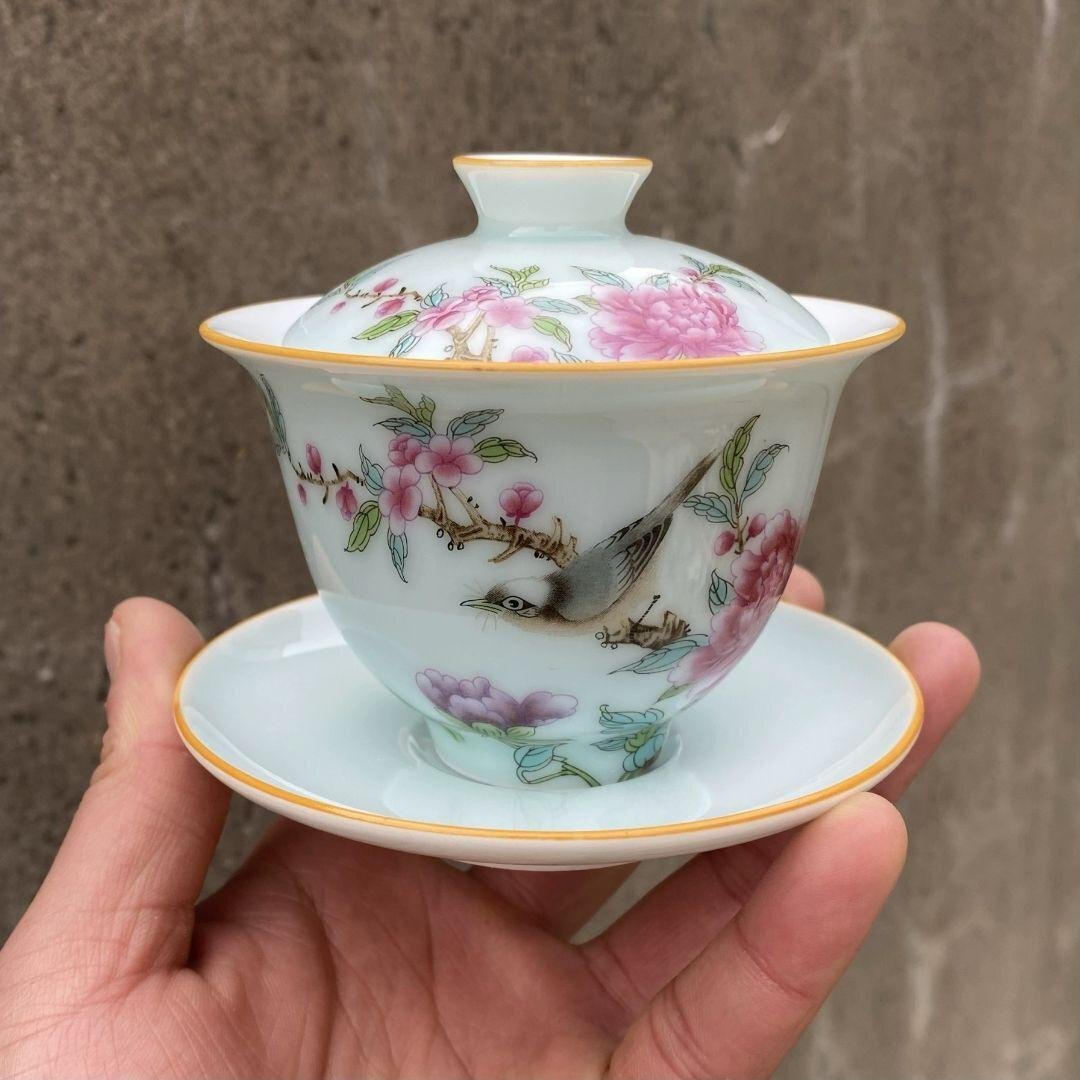 景徳鎮 陶磁器 粉青花鳥蓋碗 中国茶器 煎茶器 新品未使用(茶碗)｜売買