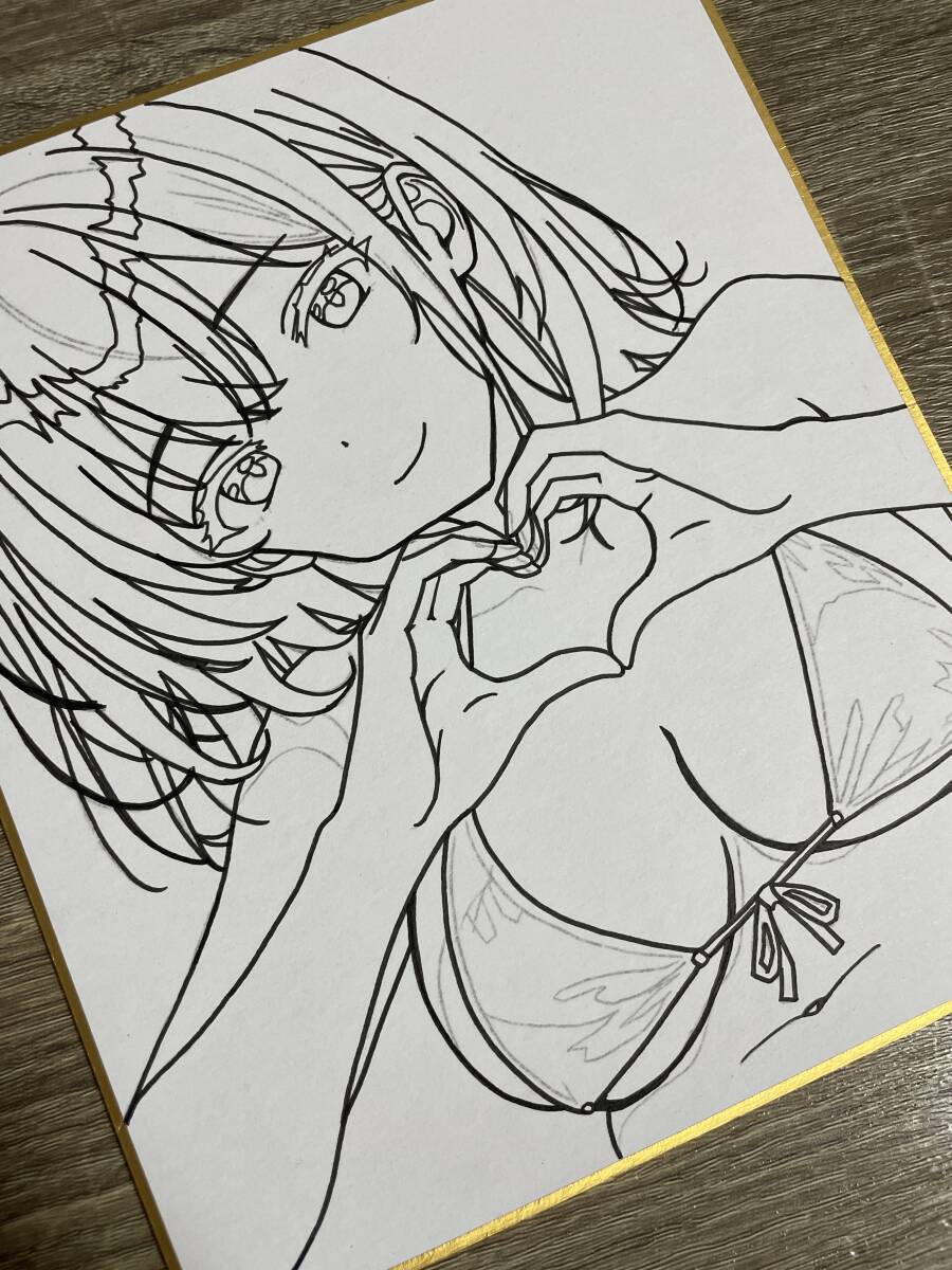 オリジナル 手描きイラスト アナログ 小色紙 可愛い女の子 水着ビキニ