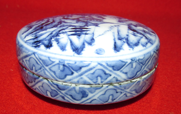 ◆茶禅]茶道具　香合「染付山水紋丸香合」高橋道八・即中斎箱書