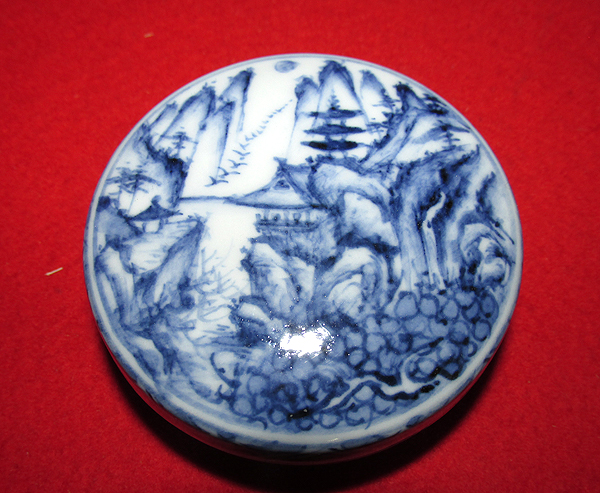 ◆茶禅]茶道具　香合「染付山水紋丸香合」高橋道八・即中斎箱書