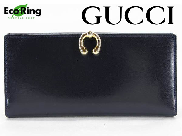 1円 超美品 グッチ レザー Wホック 二つ折り 長財布 濃紺 AK713