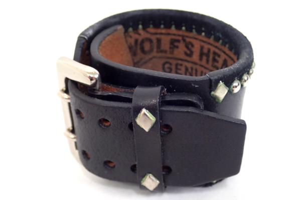 極美◆ウルフズヘッド レザーバングル スタッズ 黒 ブレスレット