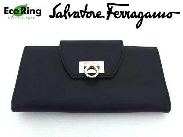 1円 フェラガモ Ferragamo ガンチーニ 長財布 ブラック AU590 