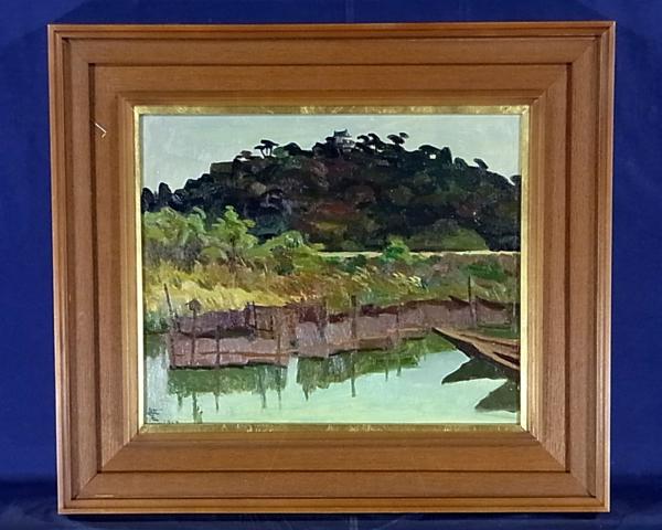 油彩画 指づかい 島根清 作 新入荷！□[最安]島戸繁 「彦根城遠望」 8号 油彩画 1952年 錦絵 開化