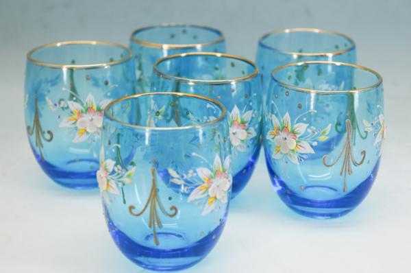 ☆italyベネチアングラス☆グラス6客セット☆金彩×青◇487f15 工芸