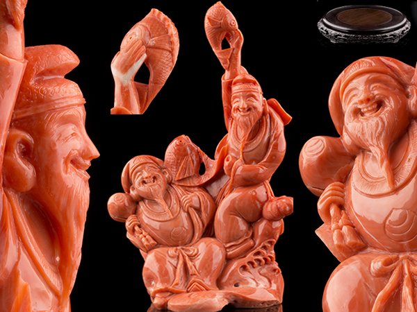 【琴》高級美術品 極太本珊瑚細密恵比寿大黒極上台付置物 GZC61_1