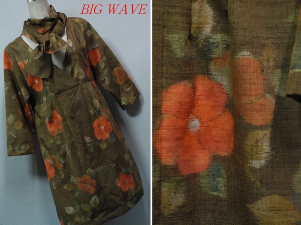 【BIG WAVE】着物リメイク*ハンドメイド*紬七分袖チュニ*花の木