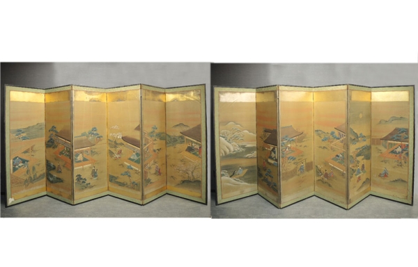 ◆栄◆土佐守 藤原光成 肉筆 彩色 都人 山水 六曲 屏風 一双 43a