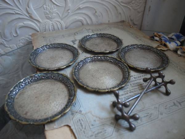 アンティーク打ち出し真鍮シルバープレートコースター5枚