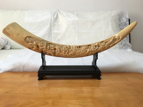 尾崎谷斎作？ 七福神 象牙一本物風 練り彫刻 置物 約84cm 骨董品(切手