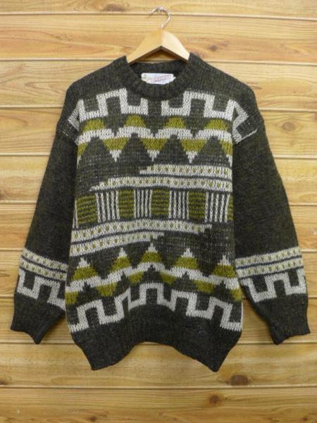 M古着 ニットセーター柄ウール濃緑中古メンズ