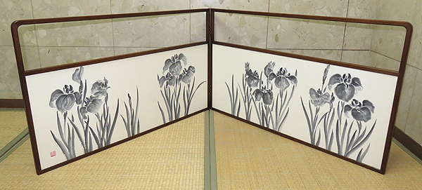 ◇茶禅]茶道具 屏風「女桑縁水墨菖蒲絵両面用上透風炉