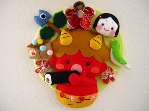 ハンドメイド　フェルト　節分☆リース☆2月☆恵方巻き☆赤鬼