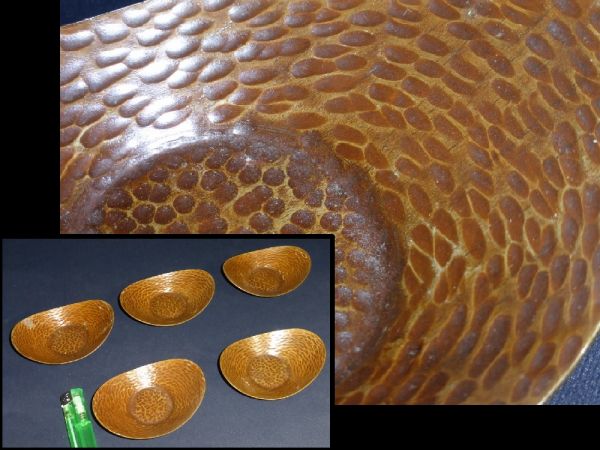 ◆絵夢◆煎茶道具 茶托 托子揃『鎚起銅丸鎚目文 舟形茶器 5枚』