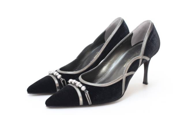 ★銀座かねまつ/本革ベルベットパンプス（RM24.5D）美品♪