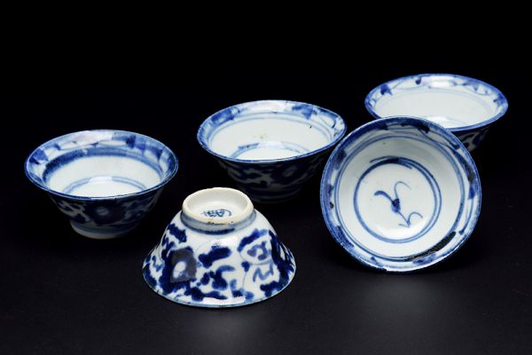 煎茶碗 唐物 中国古陶磁 c678 染付 青華 菊弁文 蓋碗 中国古玩 中国