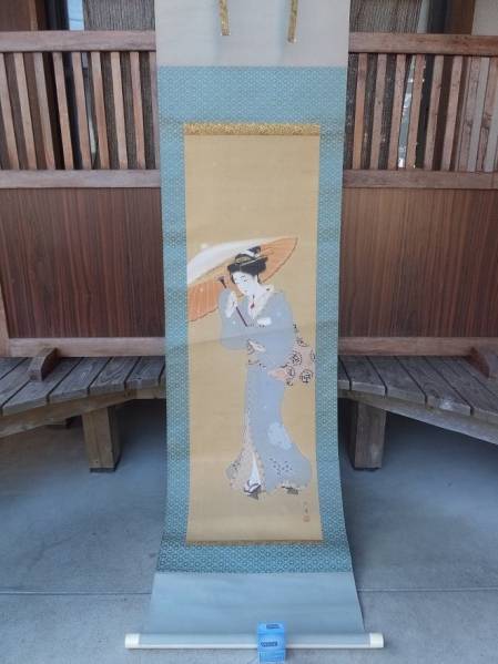 時代/松香筆の上品な彩色の雪傘美人図軸・肉筆