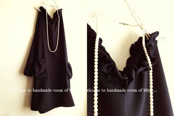 卒業入学式 handmadeU-7　薄手黒ウール混　ギャザー襟OP