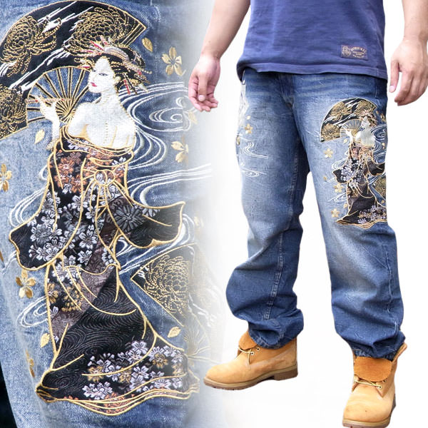【J151-5】和柄 ジーンズ花魁刺繍柄 和柄ジーパン和柄デニムW38