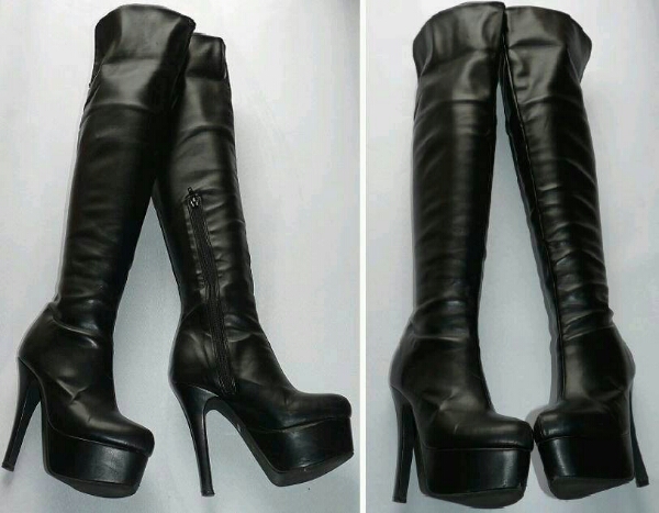 レザーニーハイブーツ★黒ピンヒール14cm♪中古ボンテージ系