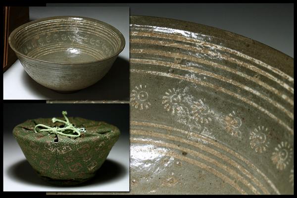 【侍】李朝時代 白象嵌花文 三島茶碗 時代箱 χ287