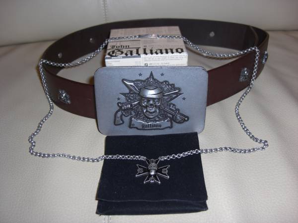 Galliano 本革 ブラウン スタッズ 骸骨 SKULL スカル ベルト ジョン