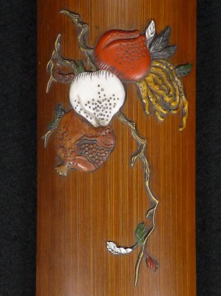 《HD》中国古玩 竹製青貝石三果図細工 腕鎮