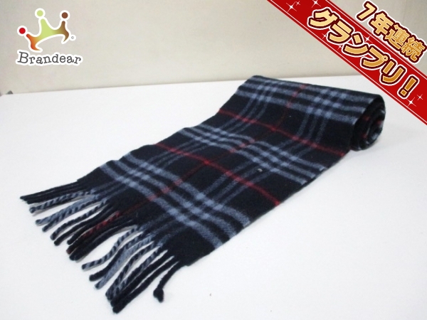 バーバリーズ マフラー ネイビー×ライトブルー×レッド ウール