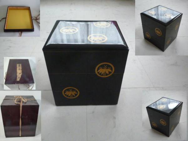 【045中古】輪島塗３段重箱■根笹家紋■大正１０年三越特注品