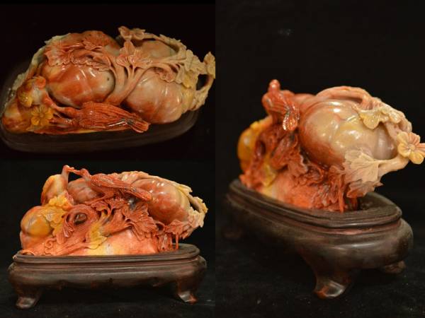 友人館蔵 本寿山石芙蓉石手彫◆喜上眉梢.花鳥図◆美品