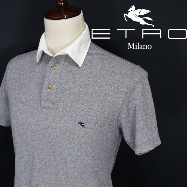 送料250円│ETROエトロ★伊製 衿切替 半袖ポロシャツ グレー S