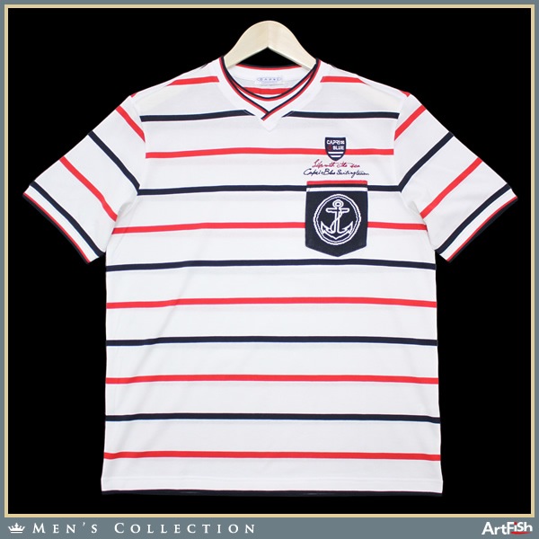 1円CAPRI 【伊】白系ボーダー 重ね着風 イカリ Tシャツg746*s48
