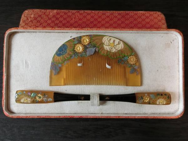 【近】明治期極上金工蒔絵鼈甲細工櫛簪揃③螺鈿肉筆彩色