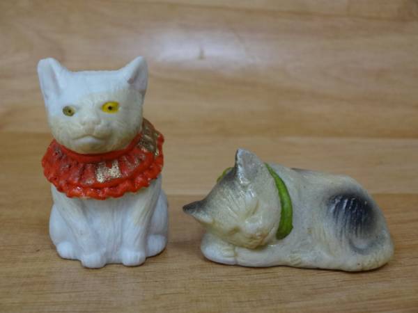 ドール 戦前 陶器製猫の置物2体 ネコ sen twin cats（猫のオブジェ