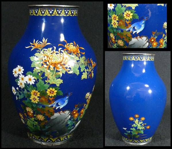 SX》銀覆輪 花鳥図 七宝花瓶 高さ18cm 金属工芸 工芸品 【公式通販】