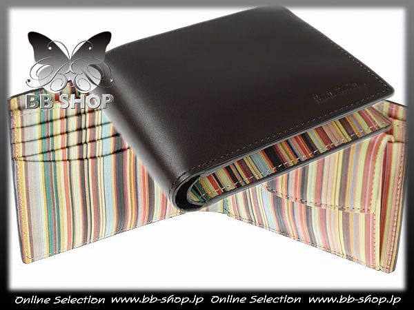 ◆9673◆ポールスミス 新品牛革レザーマルチストライプ財布/茶