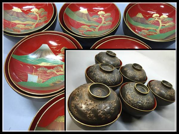 最終価格(9日迄) 輪島塗 沈金蒔絵吸物椀14客　大正3年　時代物　すみれと蝶々 輪島塗 吸物椀 時代輪島塗 木製 5客 時代 沈金蒔絵 図替わり 朱塗吸物