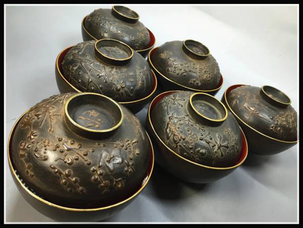 木製漆器椀　金色鶴　金蒔絵　内絵　魚　5客　時代箱　明治時代 輪島塗 吸物椀 時代輪島塗 木製 5客 時代 沈金蒔絵 図替わり 朱塗吸物