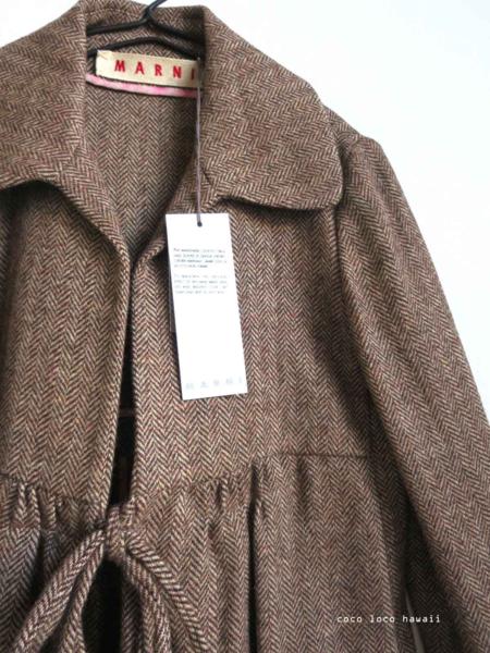 MARNI マルニ ヘリンボン ツイード 丸襟 リボン コート 茶 38