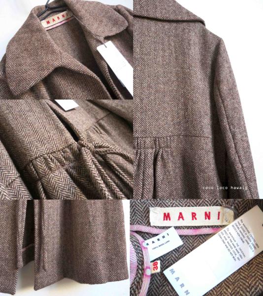 MARNI マルニ ヘリンボン ツイード 丸襟 リボン コート 茶 38