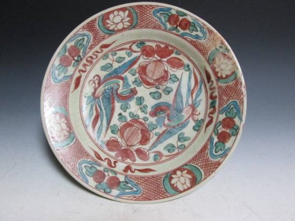 中国明時代　赤絵花鳥図呉須皿