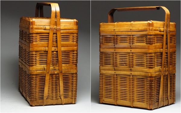 『桜』時代細密編込　竹重箱/竹編三段籠煎茶道具