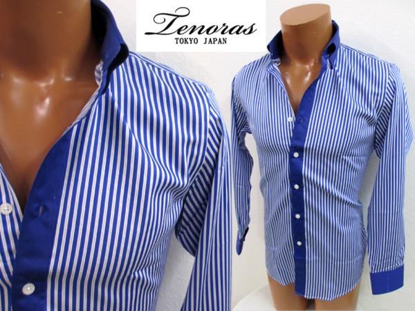 半額ティノラス新品クレリック ストライプ ドレスシャツL青