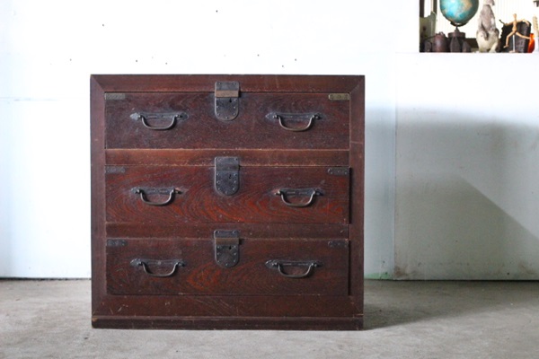 TB526前欅 時代箪笥 銅金具 引き出し3杯◇無垢材/収納/チェスト