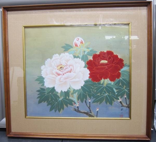 ▼文部大臣賞＊箱山精一＊日本画 「牡丹」１０号 絹本 肉筆 額装