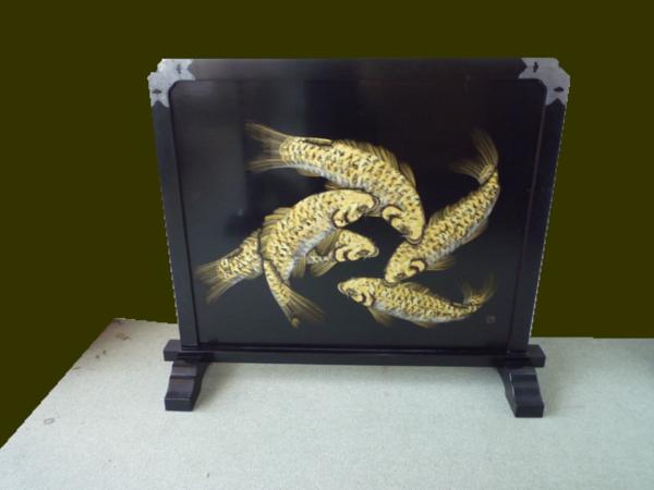 伝統工芸輪島塗 日展作家小西啓介作 輪島塗衝立 鯉沈金