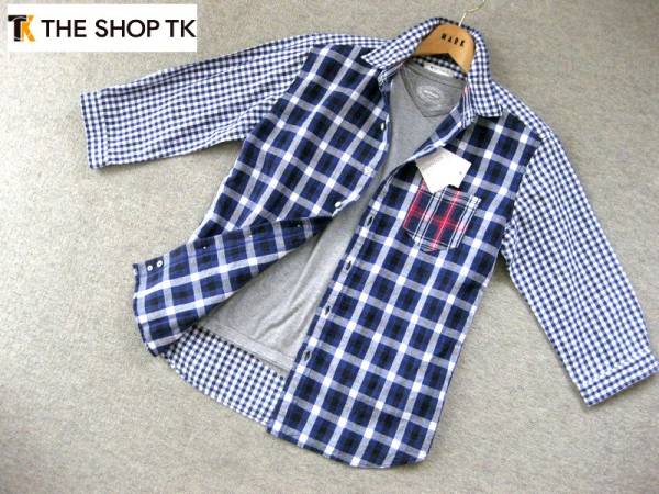 新品★タケオキクチ 綿麻クレイジーチェック7分袖シャツXL★