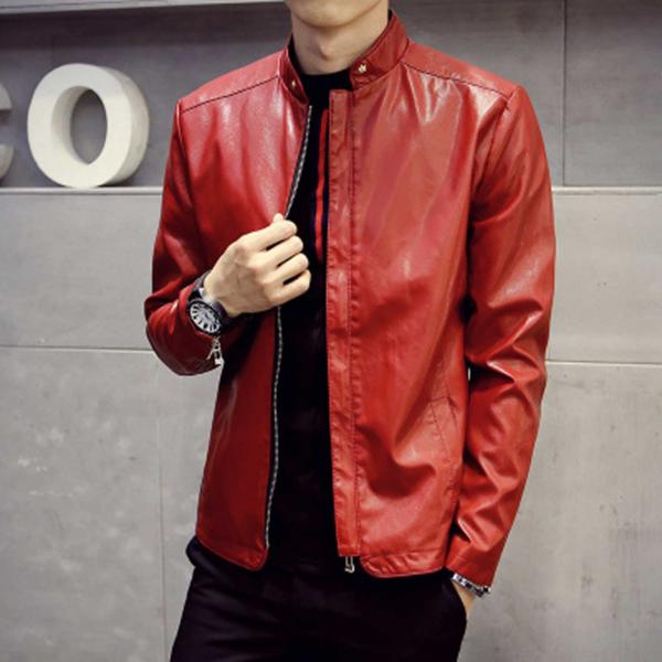 人気レザージャケットメンズライダース革ジャンレッド赤XL